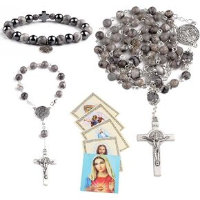 Map Stone Beads St.Benedict Catholic Rosary Necklace, One Decade Rosary, Rosary Bracelet set with Pray Card