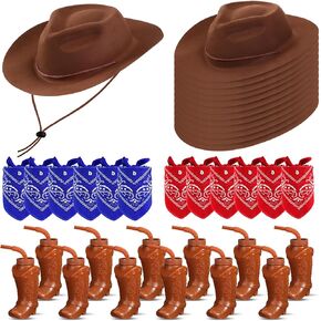 Xtinmee 36 Pcs Cowboy Party Hats Bandanas Cups Set, 10 oz Plastic Cowboy Boot Cups Kids Western Cowboy Hats with Paisley Bandanas for Western Themed Party Supplies Costume Rodeo Party Favors