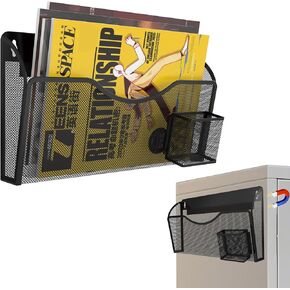 Magnetic File Holder 1 Pockets File Folder Organizer with Pen Holder, Office Hanging Magazine Rack for File Cabinets, Magnetic Paper Holder, No Drilling Mail Organizer for Refrigerator, Office (White)