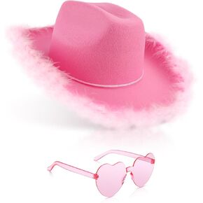 Cowgirl Hat,Cowboy Hats for Women with Feathers,Heart Sunglasses,Disco Felt Cowgirl Hats Bachelorette Party Costume