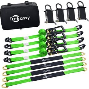 Trekassy Car Tie Down Straps for Trailers with Stake Pocket D Ring, Ratchet Tie Downs for Car Truck, UTV & More, 10,000lbs Break Strength (Green)