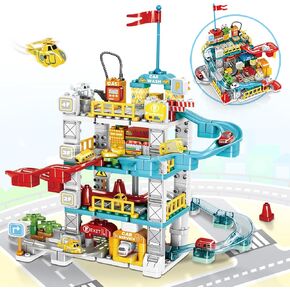 2 in 1 Kids Construction Toys 212 PCS Race Track Play Set Game Car Adventure Toy Preschool Educational Vehicle Puzzle Rail Track City Rescue Parking Playset for 3 4 5 6 7 8 Years Old Boys Girl
