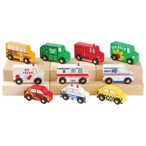 Constructive Playthings Set of Ten 3 3/4" L. x 1" Thick x 2" H. Freewheeling Wooden Community Vehicles for Ages 3 Years and Up