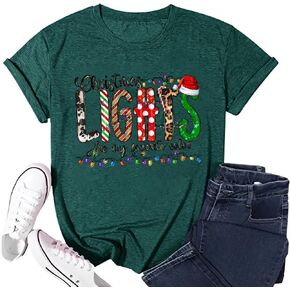 Christmas Shirts for Women Santa Holiday Short Sleeve Tops Xmas Light Graphic Print T Shirt