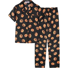 Black Pumpkin Halloween Satin Pajamas for Big Girls Silk Button Down Short Sleeve & Pants PJS 2PCS Size 8-16