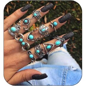 Bohemian Turquoise Ring for Women Boho Stackable Knuckle Rings Set Turquoise Finger Ring Vintage Oval Flower Starfish Teardrop Midi Ring Western Rings Jewelry