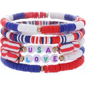 American Flag Beaded Bracelets Patriotic Clay Colorful Red White Blue Handmade Jewelry for Women