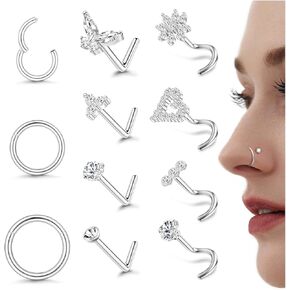 Drperfect 20G/18G Hypoallergenic Surgical Steel Nose Rings & Studs Set - L Shape, Screw, Hoop Piercing Jewelry for Women & Men - Hinged Clicker Helix Cartilage Daith Tragus Sleeper Earrings Body Piercing Jewelry (Silver/Gold, 11 Pcs)