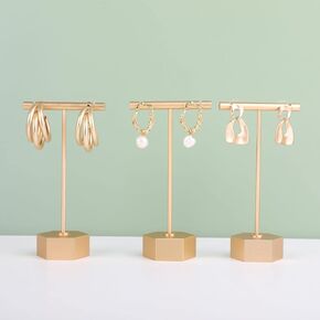 GemeShou 3pcs Earring T Stand, Gold earring display holder for selling, Small earring T Bar stand, Metal Jewelry Organizer for Show Online Store Photography Props 【Gold-Hexagon Base 3pcs Height 5.3"】