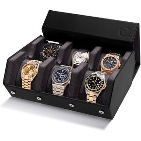 Napa Leather Watch Case for Men - Watch Roll Storage Organizer & Watch Display - Six Slot Luxury Watch Box for Home or Travel - Mens 6 Watch Holder Case (Black Charcoal)