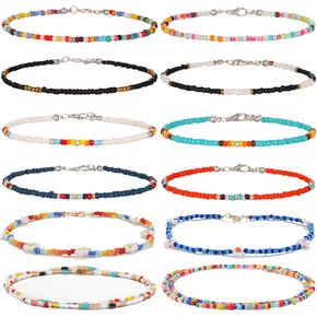 Starain 8-12Pcs Handmade Beaded Anklets for Women Girls Boho Colorful Beads Ankle Bracelets Adjustable Foot Anklet Set