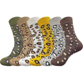 IHAUIUE Leopard Print Crew Socks Trendy Cheetah Pattern Quartz Socks Fashion Cozy Dress Socks for Women, Men, 6 Pack