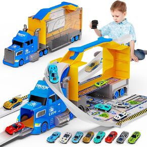 Carsky Truck Toy Cars W/Race Track for Toddlers Toys for 2 3 4 5 6 Year Old Boy Birthday Gifts, 2 in1 Carrier Toy Trucks W/Car Track, Cars Toys W/ 8 Race Cars, Boys Toys for Ages 2-4 3-5 4-6 5-7