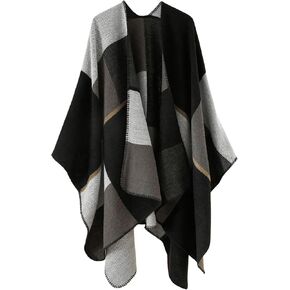 Verdusa Women's Boho Plaid Poncho Pashmina Shawl Wrap Cape Sweater Knit Oversized Cardigan