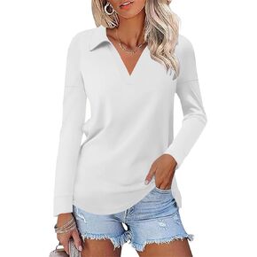 Women's Casual Polo Shirts Long Sleeve V Neck Collared Work Tops Ladies Tunics Tees Business Blouse 2024 Fall