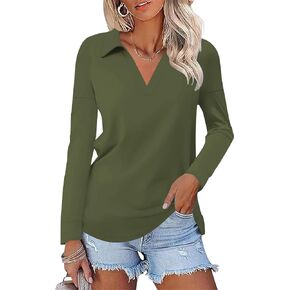 Women's Casual Polo Shirts Long Sleeve V Neck Collared Work Tops Ladies Tunics Tees Business Blouse 2024 Fall
