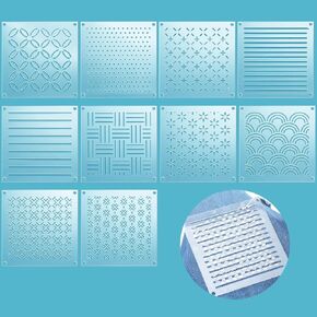 Colingmill 10 Sets Acrylic Sashiko Stencil, 4.7 x 4.7 Inch Acrylic Embroidery Tool Sashiko Stencil with Straight Lines and Square Dots Arcs Pattern Template for Hand Quilting and Embroidery