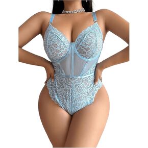 WDIRARA Women's Plus Size Floral Lace Mesh Lace See Through Lingerie Teddy Bodysuit