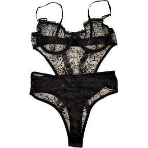 Sheer Black One Piece Floral Embroidered Underwire Bodysuit Teddy Lingerie For Women