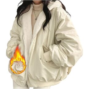 Women Fleece Lined Jacket Winter Reversible Sherpa Coat Fashion Hooded Zip Up Oversized Sweatshirt Outerwear