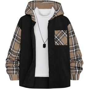 MakeMeChic Boy's Plaid Hooded Long Sleeve Button Down Shirt Pocket Streetwear Top