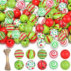 Vercraft 240 Pcs Christmas Wooden Beads with Jute Twine Red Green Round Craft Beads 10 Styles Christmas Spacer Beads Peppermint Swirl Elf Candy Cane Beads for Xmas DIY Garland Jewelry Making