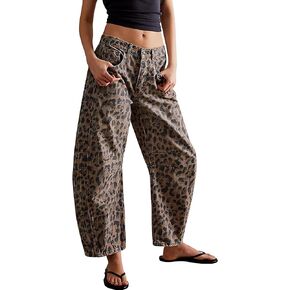 Barrel Jeans for Women Leopard Print Casual Wide Leg Denim Ankle Pants Y2k Boyfriend Baggy Mid Rise Tapered Jeans