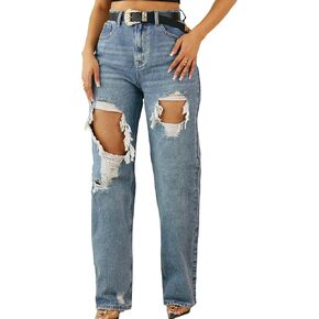 Women's Straight Leg High Waist Baggy Denim Jeans Loose Boyfriend Casual Stretchy Jeans