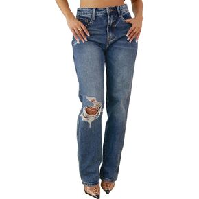 Women's Straight Leg High Waist Baggy Denim Jeans Loose Boyfriend Casual Stretchy Jeans