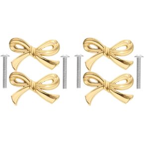 4Pcs Bowknot Cabinet Handles: Brass Drawer Pulls, Brass Cabinet Pulls, Hardware Cabinet Dresser Pulls, Drawer Door Wardrobe Wine Cabinet Shoe Cabinet Bookcase Handles for Home Kitchen