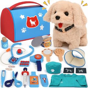 Wooden Veterinarian Playset for Kids, Doctor Kit for Toddlers 3-5 with Electronic Toy Dog & Dress Up Costume & Storage Bag, Pretend Play Christmas Birthday Gifts for Girls Boys Toys 3 4 5 6