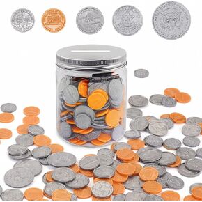Play Money Coins for Kids, Fake Money Coins with Coin Jar, Realistic Teaching Pretend Fake Money Coins Set, Plastic Toy Prop Fake Money Coins for Kids Learning Education Party, 250pcs in Kuwait