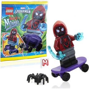 LEGO Marvel Superheroes Spider-Man Across The Spider-Verse Minifigure - Miles Morales Minifigure with Skateboard, Spider, Cool Web Blasts, and Minifigureland Tile 76178