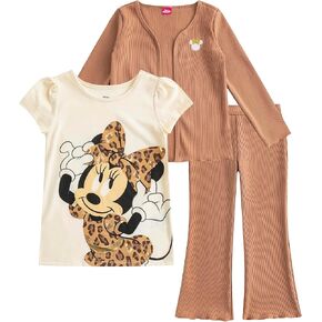 Disney Minnie Mouse Girls Flared Leggings Pants set with Cardigan, and Short Sleeve T-Shirt 3 Piece Set for Toddlers