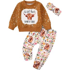 Toddler Girl Clothes Fall Winter Outfits Wild Hair Don't Care Highland Cow Sweatshirt Pants Western Cowgirl Outfit