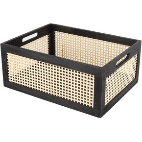 Wooden Frame Storage Basket, Decorative Organizer Crates Box with Built-in Handle,Natural Wire Wood Nesting Drawer Storage for Kitchen, Bathroom and Office Desktop-(15" Lx11 Wx6.3 H-Black)