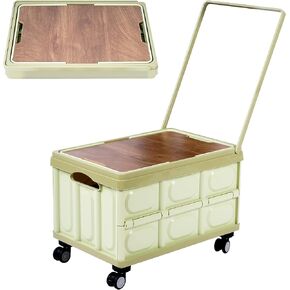 Rolling Crate Cart Collapsible Rolling Crate with Wooden Lid Foldable Crate Carts with Wheels Foldable with 50L Capacity for Picnic Sundries Shopping Office Teacher Rolling Carts with Wheels