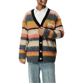 Floerns Men's Striped Print V Neck Long Sleeve Button Down Cardigan Sweater