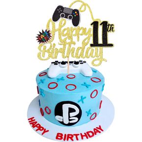 1 PCS Video Game Happy 10th Birthday Cake Topper Glitter Video Game Cake Pick Game On Controllers Ten Cheers to 10 Years Cake Decoration for Happy 10th Birthday Party Supplies Green