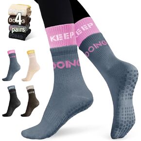 Pilates Socks with Grips for Women, 4 Pairs Comfortable and Breathable Non Slip Long Yoga Socks for Workout, Ballet