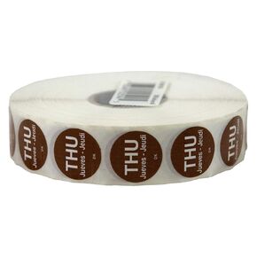 DayMark Safety Systems DuraMark IT110059 Day of The Week Trilingual Permanent Label, Thursday, 3/4" Circle, Brown (Roll of 2000)