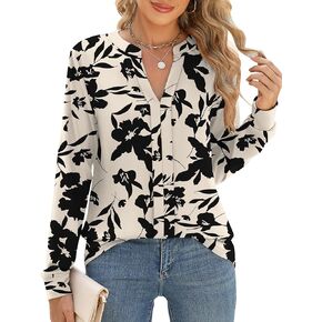 Micoson Womens Tops Dressy Casual Long Sleeve Business Shirts V Neck Pleated Work Blouses Loose Fit Fall Trendy Knit Top