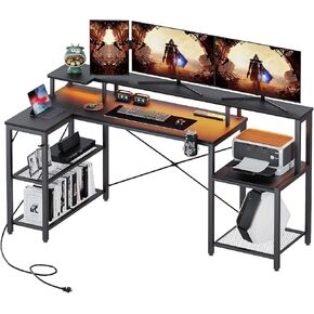 TREETALK L Shaped Gaming Desk with Power Outlet&Music Strip Lights, Corner Desk with 2-Layer Storage,2-Layer Printer Stand,PC Laptop Table with Large Monitor Stand,Desk Lamp Stand for Office Home