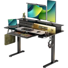 Glass Standing Desk with 3 Drawers, 48 x 24 Inches Height-Adjustable Desk with USB Ports, One-Piece Tempered Glass Top, Quick Install Home Office Stand Up Desk with 4 Presets, White