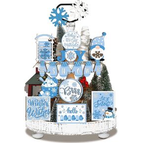 24 Pcs Christmas Tiered Tray Decor Set Winter Tiered Tray Decorations Snowman Wooden Signs Snowflakes Table Centerpieces Black White Farmhouse Frosty Snow Themed for Home Table Holiday