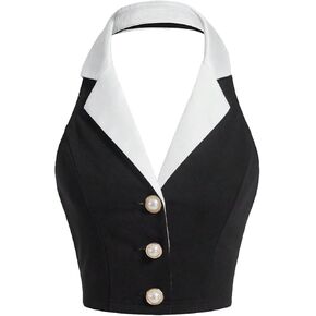 Women's Colorblock Sleeveless Turndown V Neck Collar Button Front Backless Slim Fit Crop Halter Top Tank Top Cropper