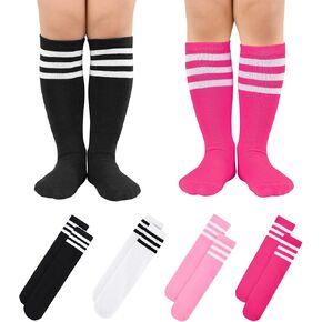 Century Star 4 Pairs Kids Child Soccer Socks Toddler Cotton Soccer Socks Stripes Knee High Soft Tube Socks Boys Girls