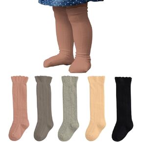 5 Pairs Baby Girls Knee High Socks Cotton Newborn Infant Ruffle Seamless Knee High Socks Toddler Fall Long Stockings