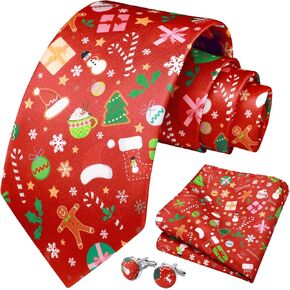 HISDERN Christmas Ties for Men Holiday Tie and Pocket Square Cufflinks Festival Party Xmas Funny Silk Woven Necktie
