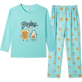 Girls Cotton Blend Pajama Sets Long Sleeve Long Pants Cartoon Sleepwear with Pockets Teen Girls 6 to 18 Years